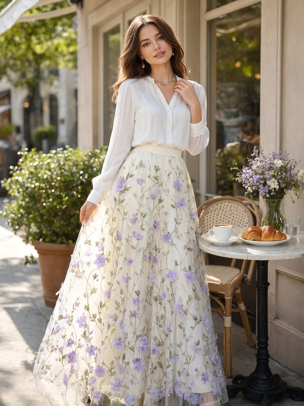 J’ADORE EVENIN Floral A-Line Maxi Skirt w/ 3D Lavender Floral Appliqués